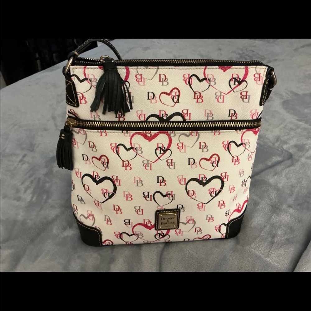 Dooney & Bourke White Crossbody with Pink & Black Heart Logo Print